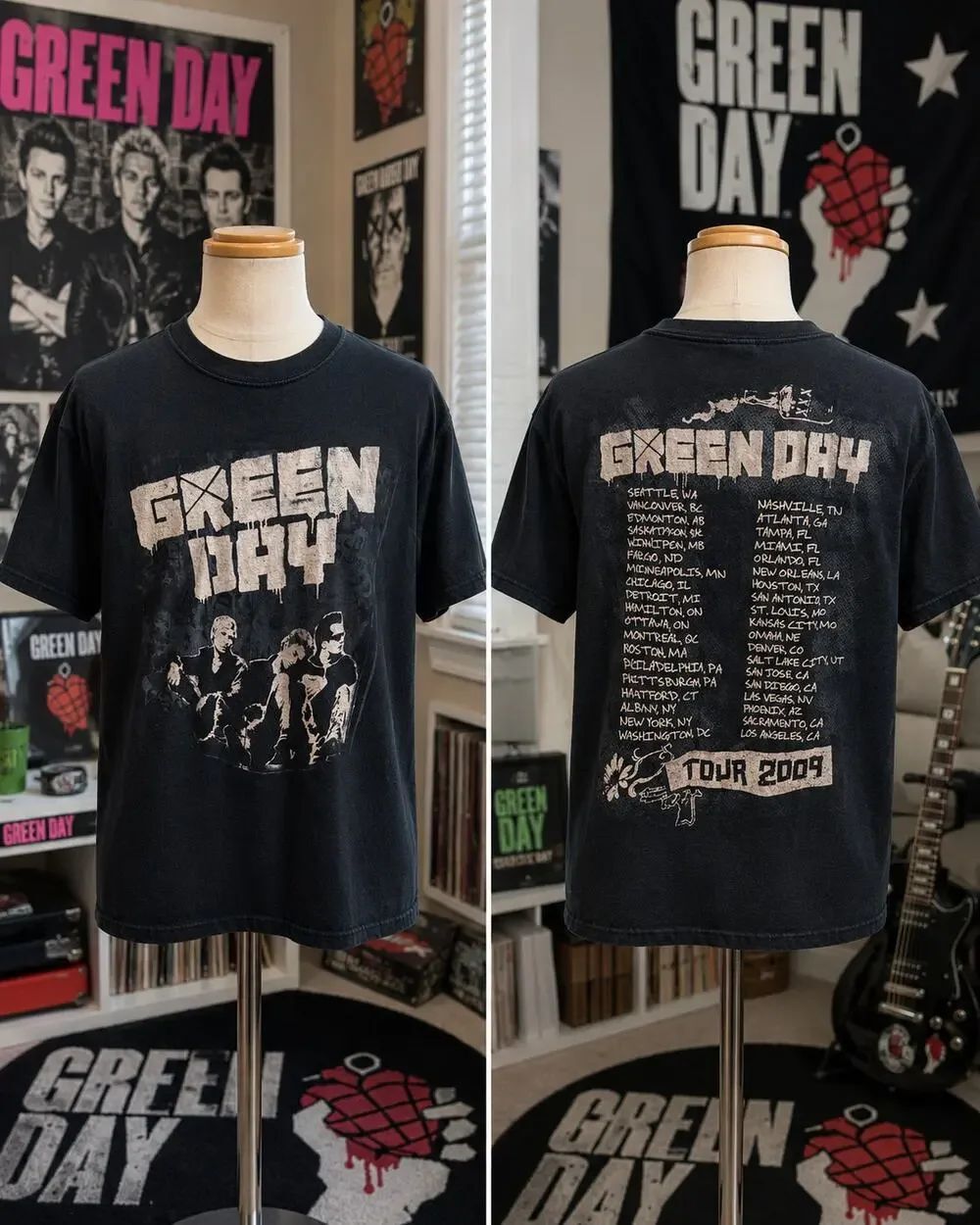 Green Day 2009 Tour Band T Shirt Anvil Small Double Sided Black